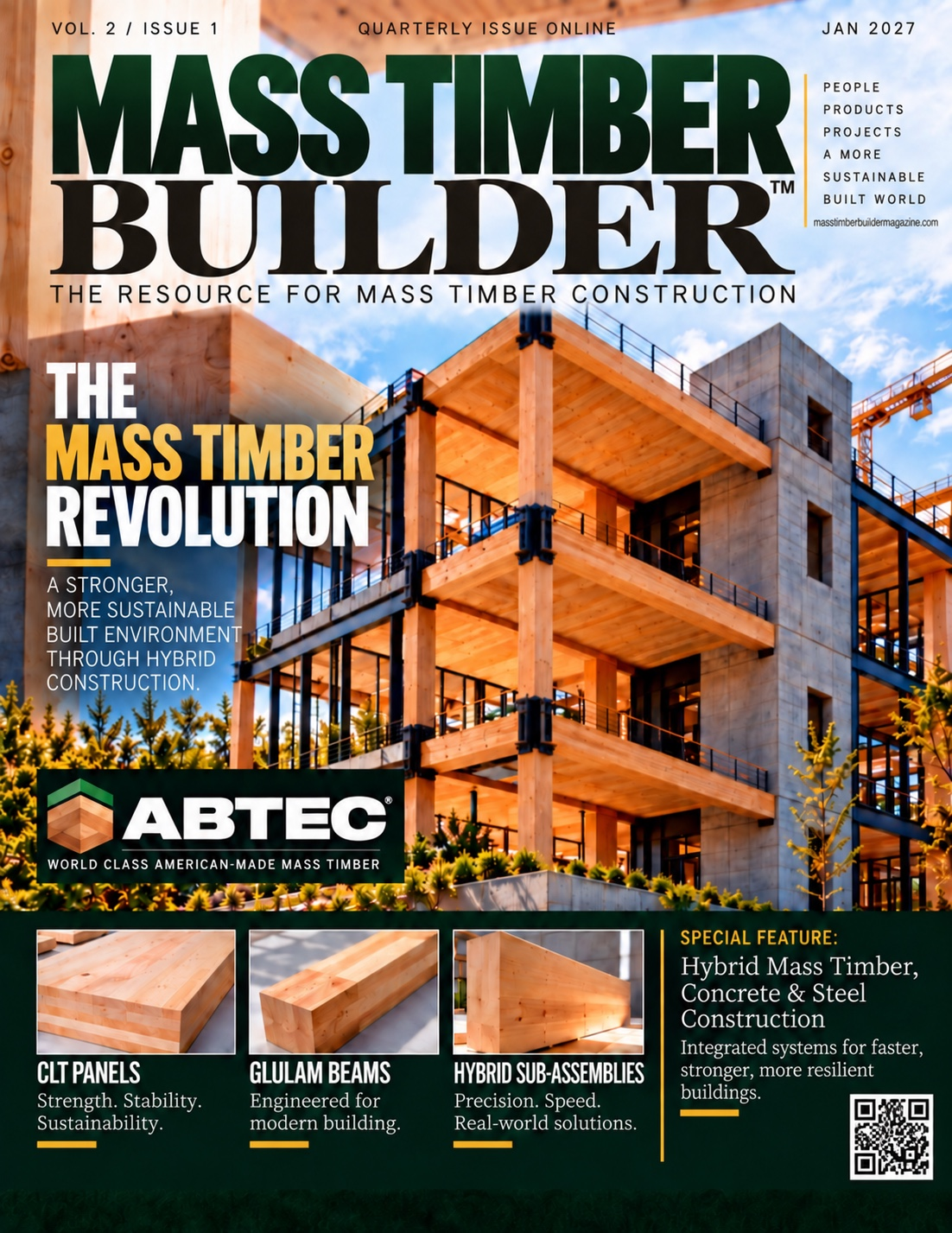January 2027 cover with a mass timber building